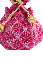 Women Pink Handcrafted Embroidered Potli Bag with Sequins