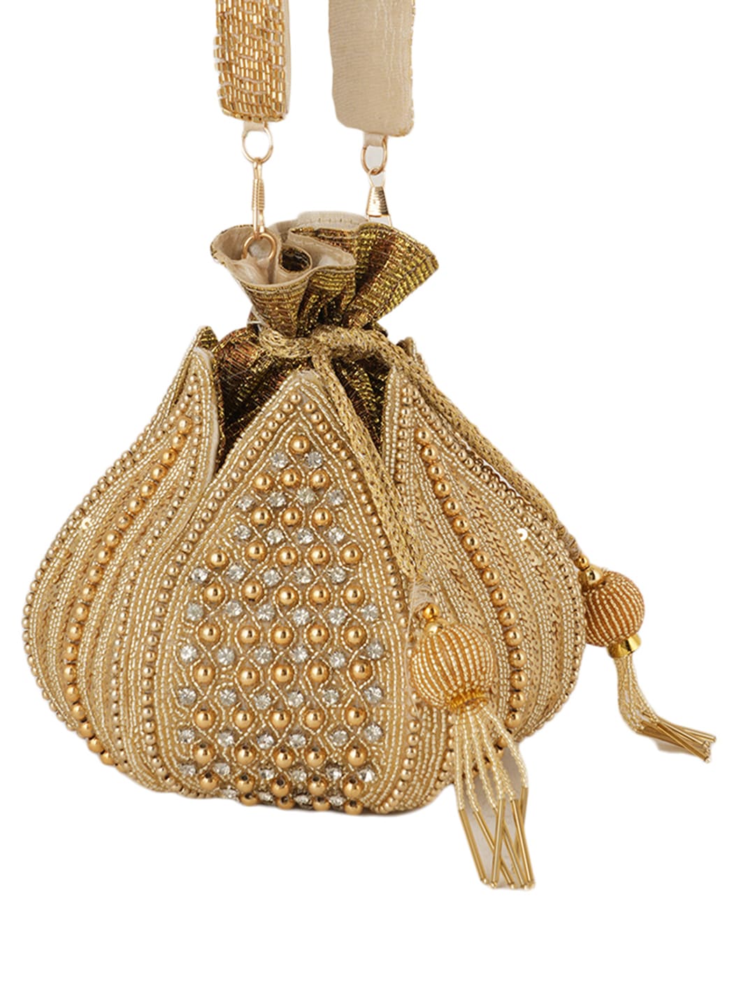 Women Gold Sequin Embroidered Bridal Potli Bag with Strap Handle