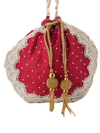 Women Red Pearl Embroidered Bridal Potli Bag with Pearl Handle