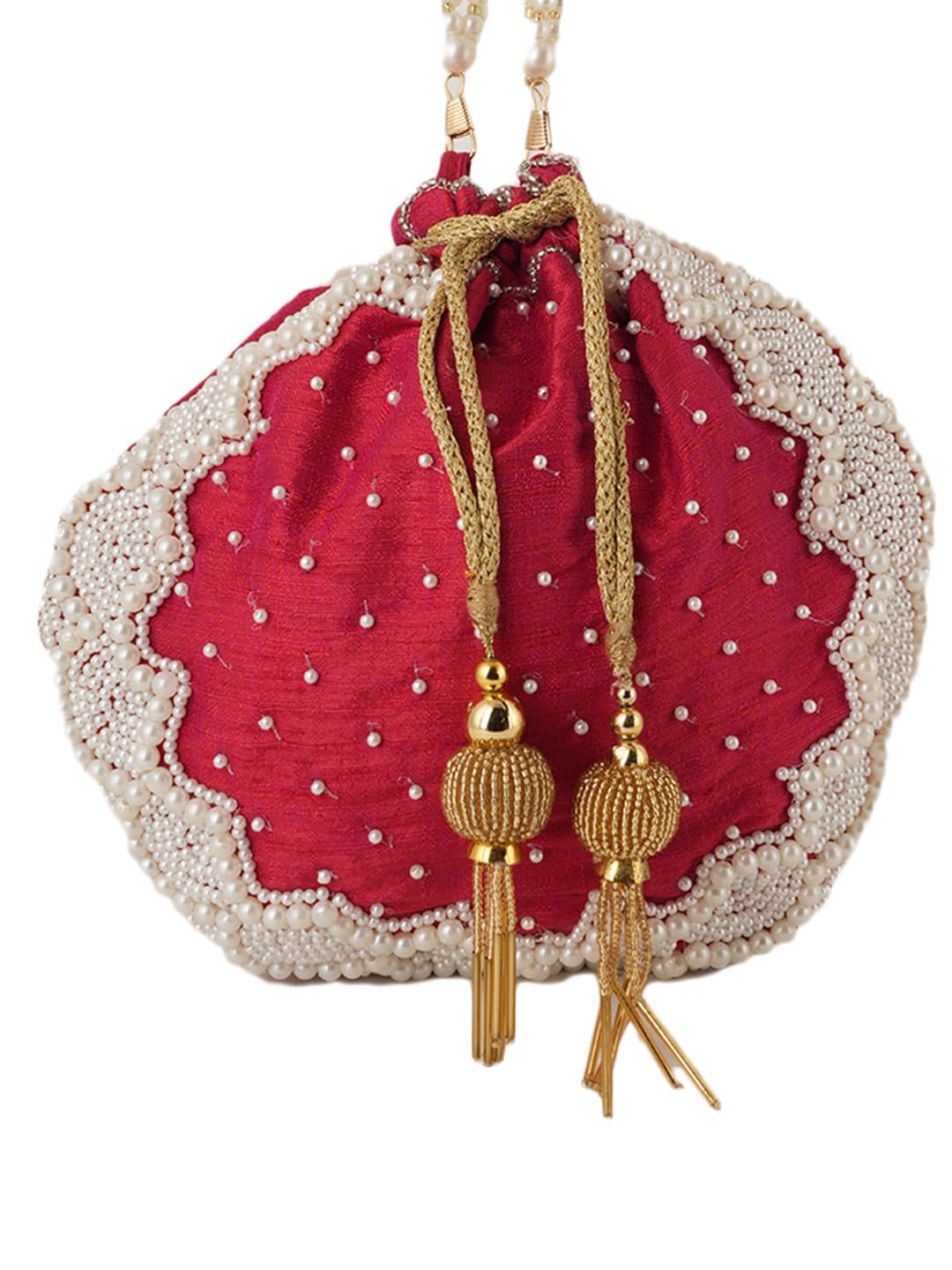 Women Red Pearl Embroidered Bridal Potli Bag with Pearl Handle