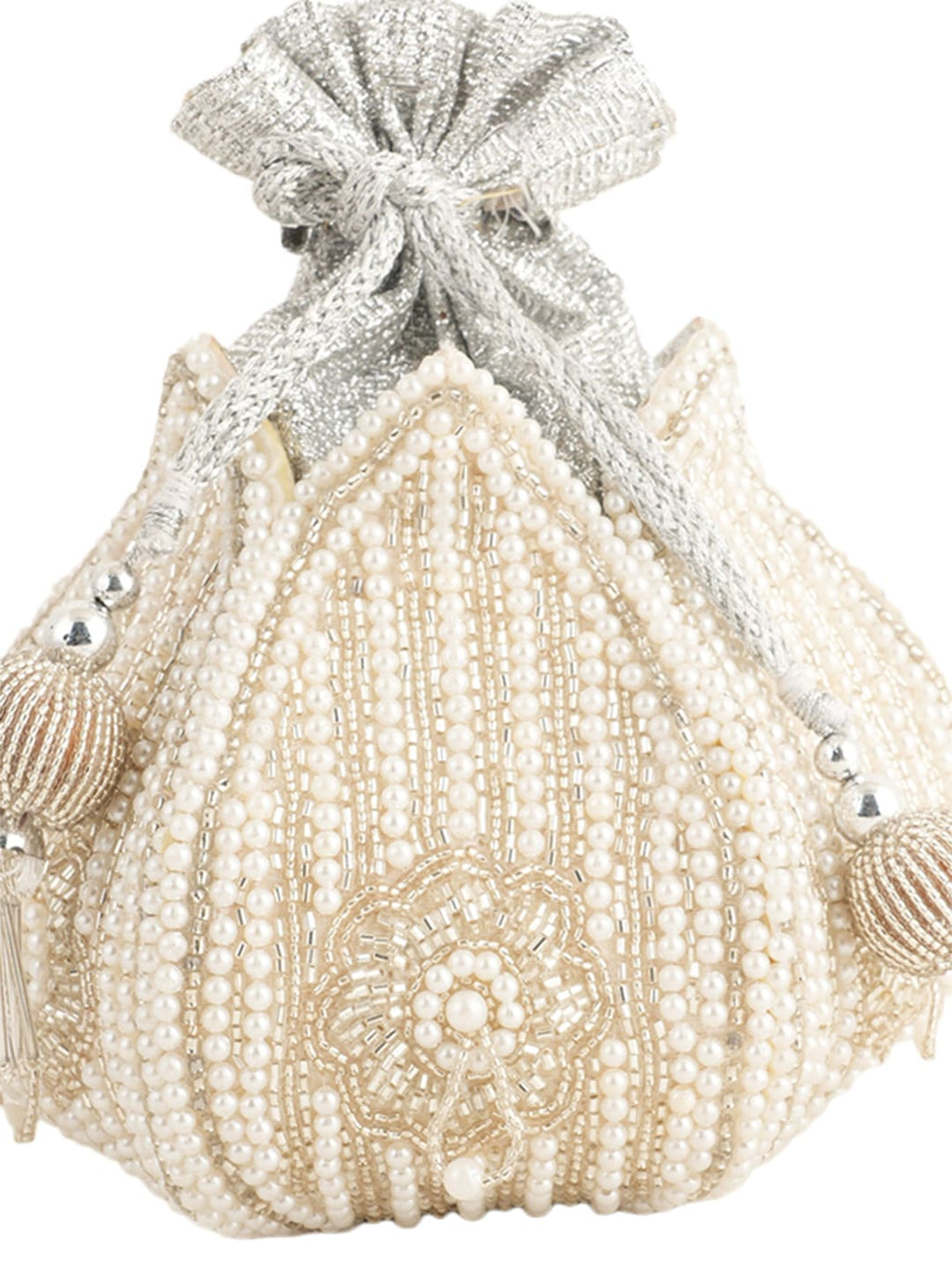 Women Off White Pearl Embellished Potli Bag with Beads Work