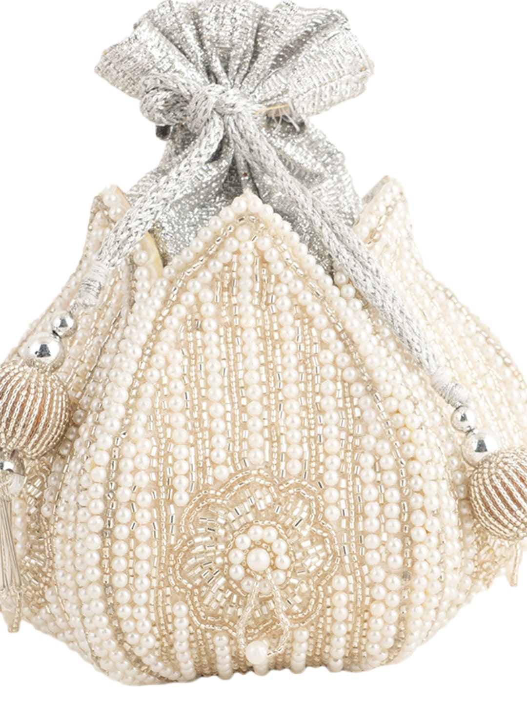 Women Off White Pearl Embellished Potli Bag with Beads Work