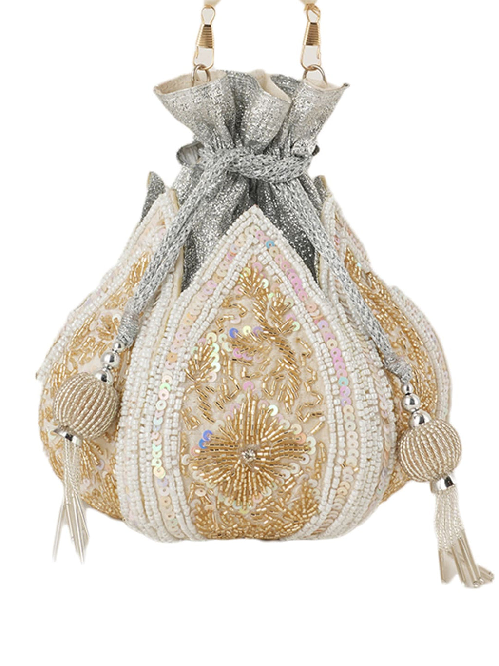 Women Pearl White & Gold Embroidered Bridal Potli Bag with Pearl Handle