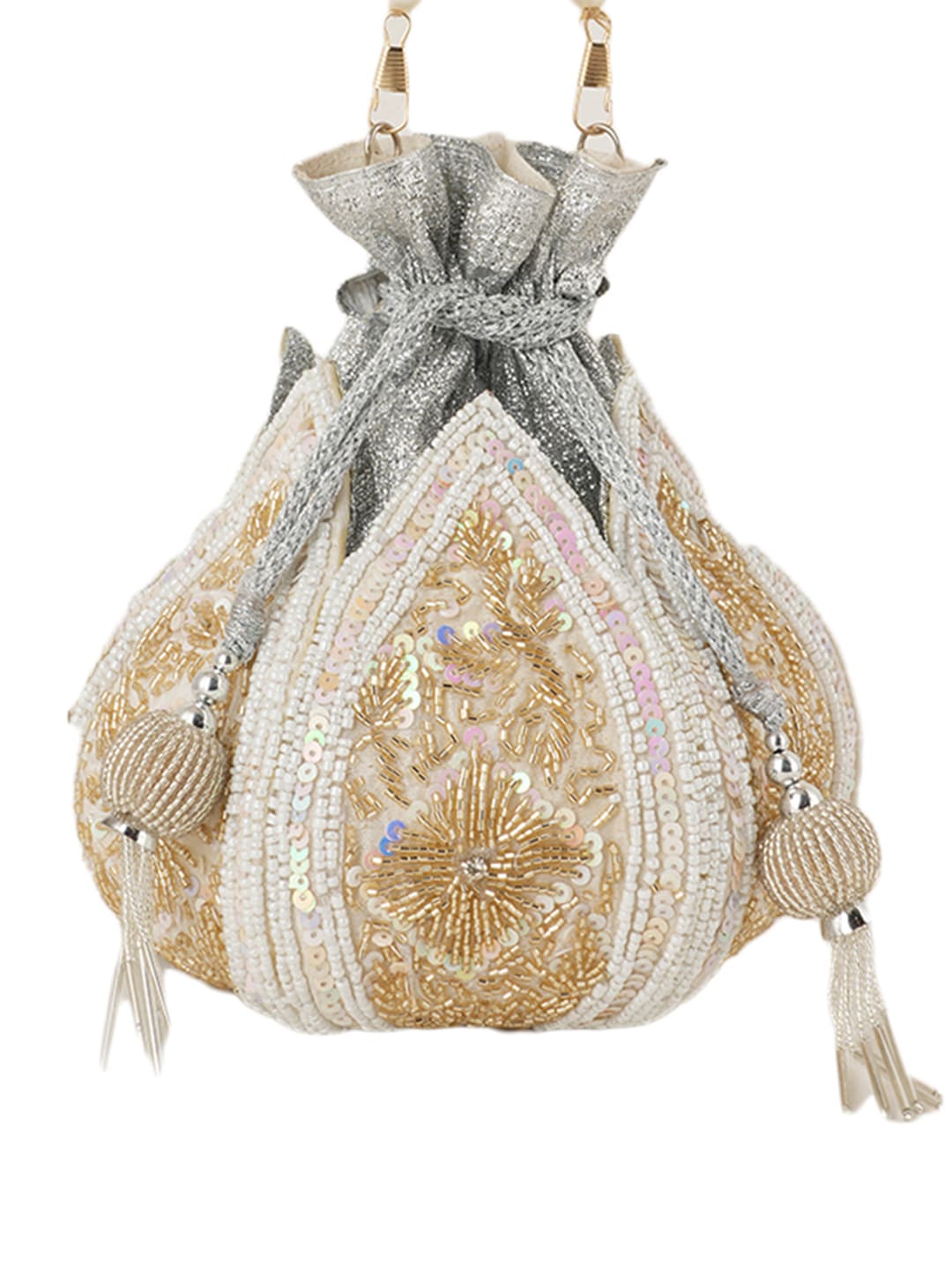 Women Pearl White & Gold Embroidered Bridal Potli Bag with Pearl Handle