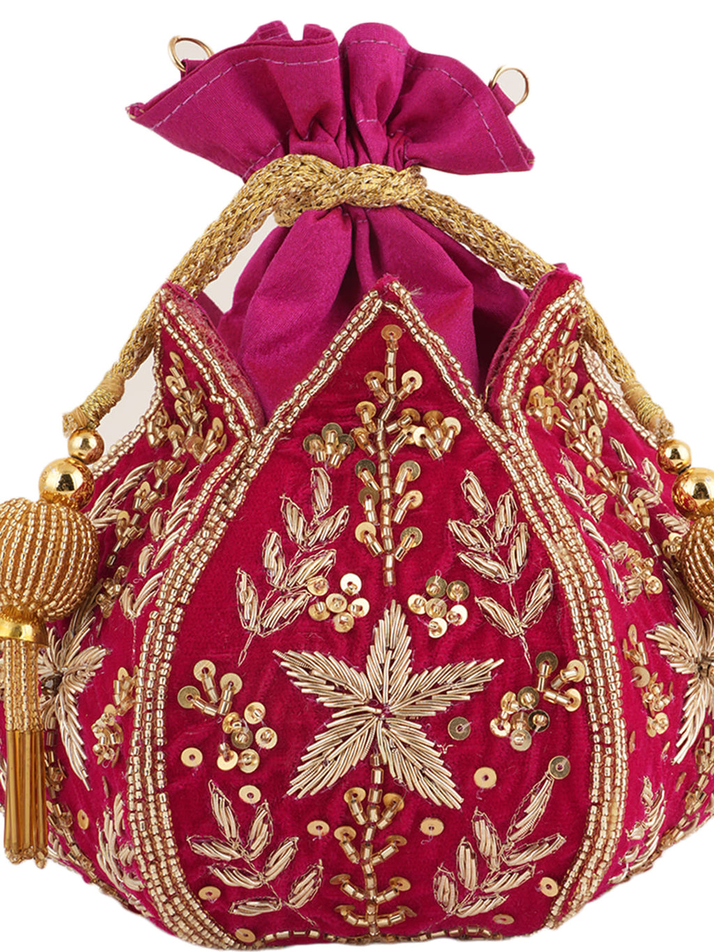 Women Pink Embroidered Bridal Potli Bag with Zari, Sequins & Beads Work