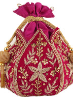 Women Pink Embroidered Bridal Potli Bag with Zari, Sequins & Beads Work