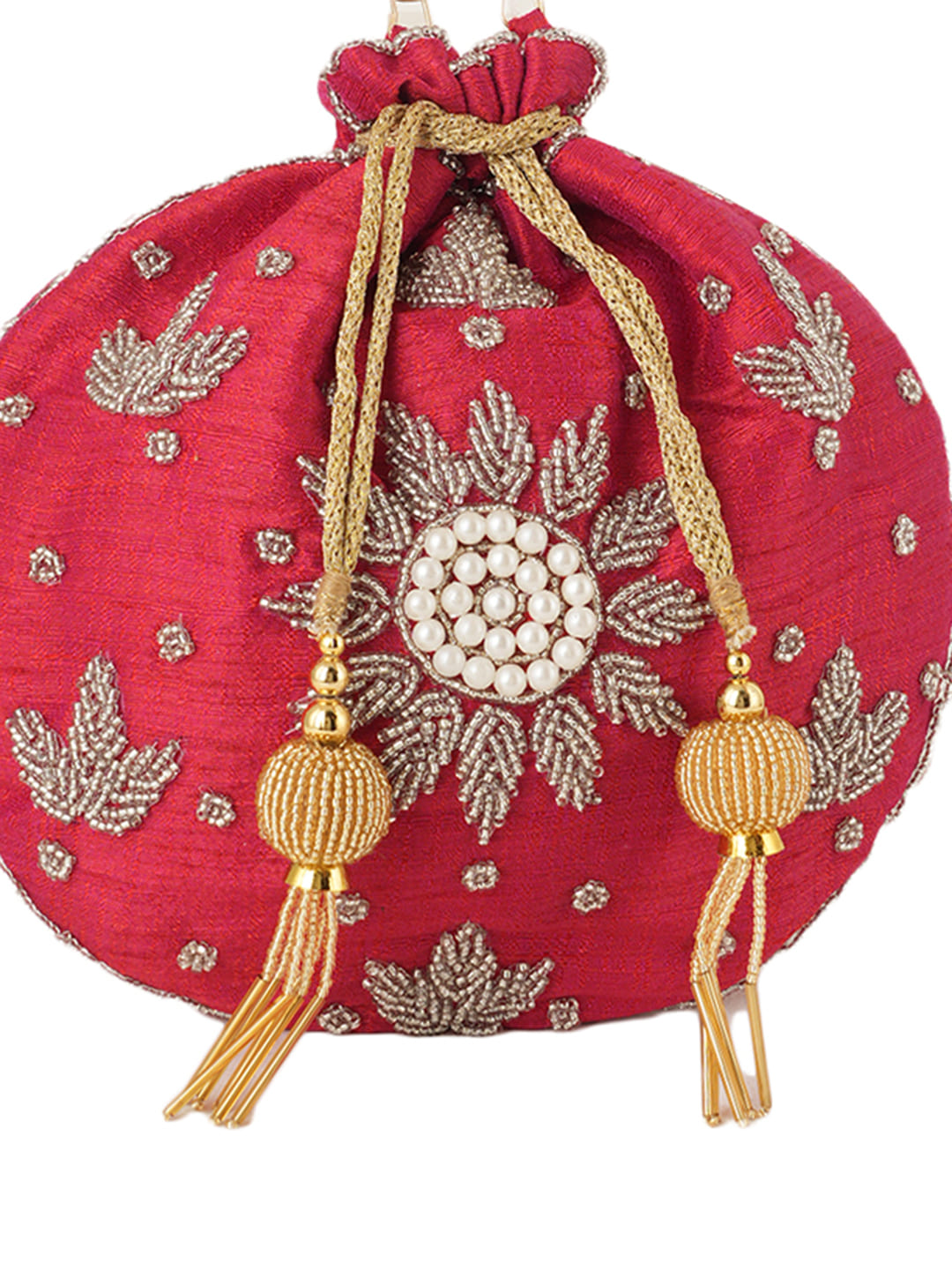 Women Red Embroidered Bridal Potli Bag with Pearl Handle & Zari Work