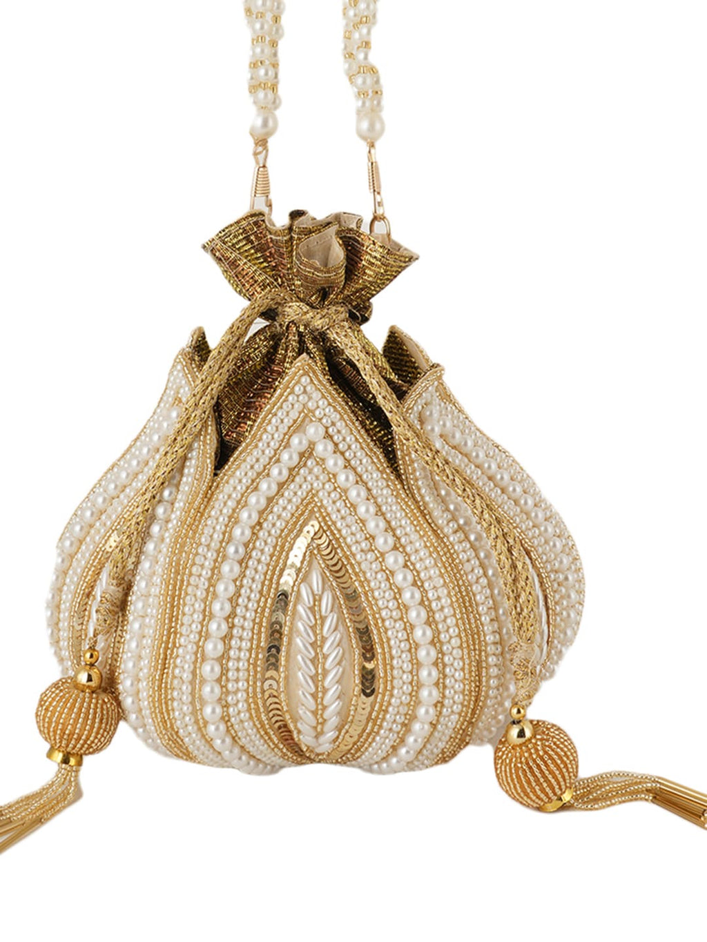 Women Gold & Pearl Embroidered Bridal Potli Bag with Pearl Handle