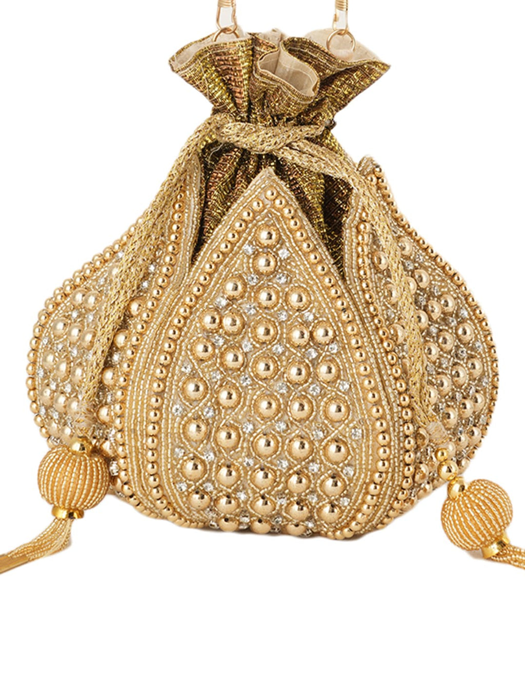 Women Gold Embellished Bridal Potli Bag with Pearl Handle & Beads Work
