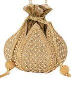 Women Gold Embellished Bridal Potli Bag with Pearl Handle & Beads Work