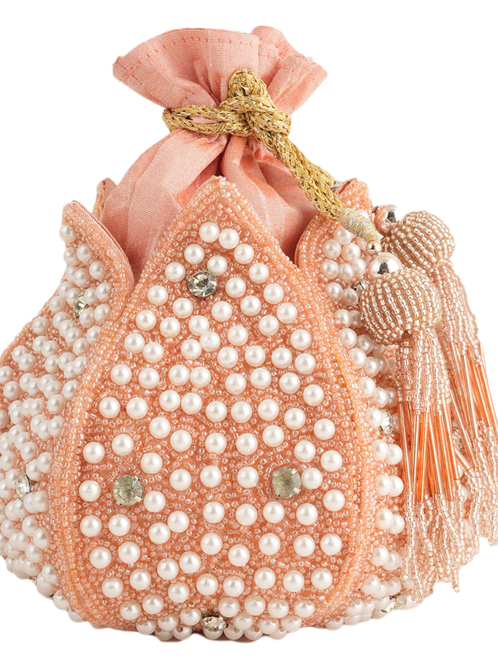 Women Peach Pearl Embellished Potli Bag with Beads & Stone Work
