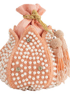 Women Peach Pearl Embellished Potli Bag with Beads & Stone Work