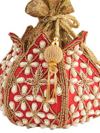 Women Red & Gold Embellished Bridal Potli Bag with Pearl & Beads Work