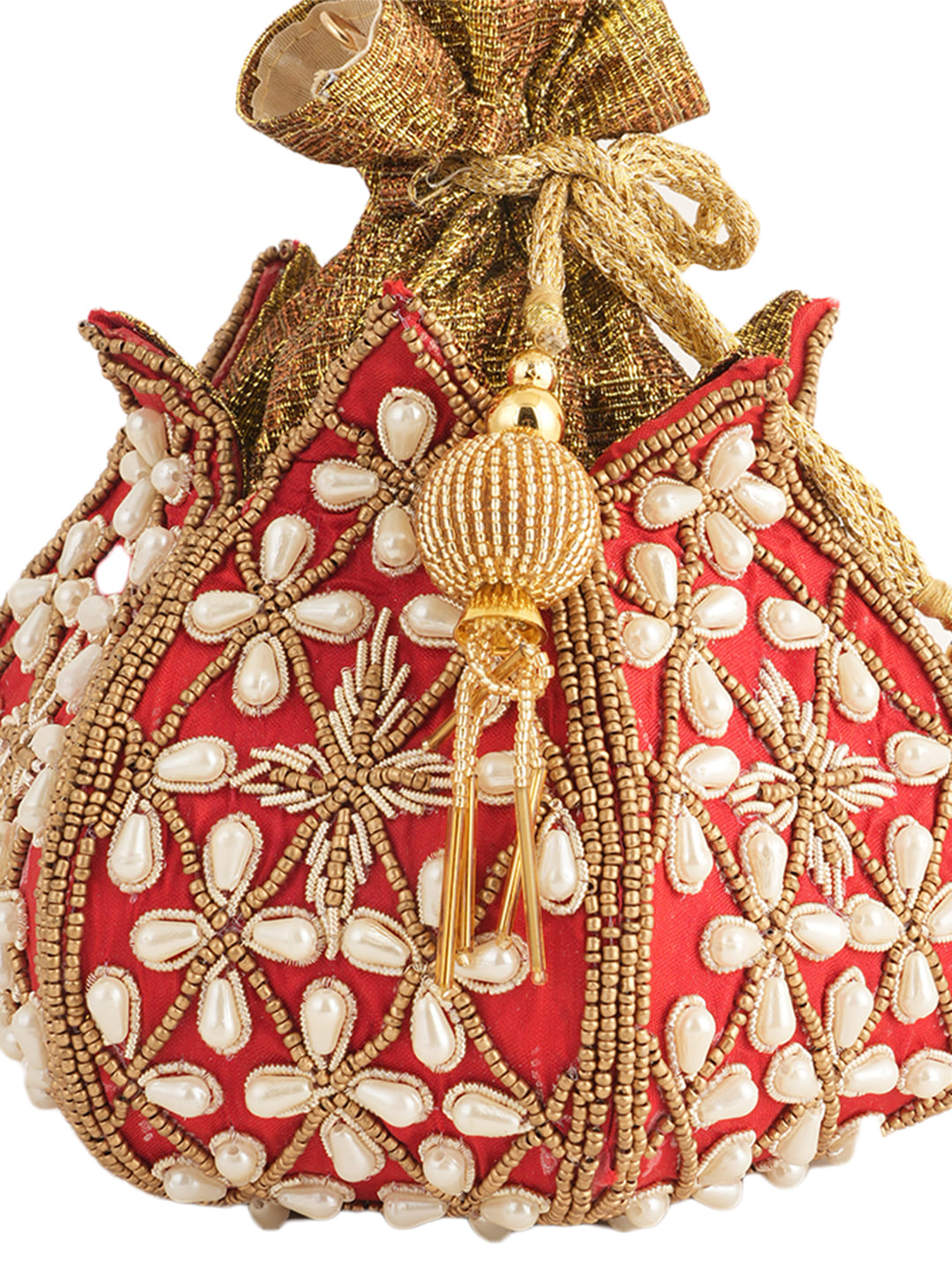 Women Red & Gold Embellished Bridal Potli Bag with Pearl & Beads Work