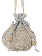 Women Silver & Pearl Embroidered Bridal Potli Bag with Pearl Handle