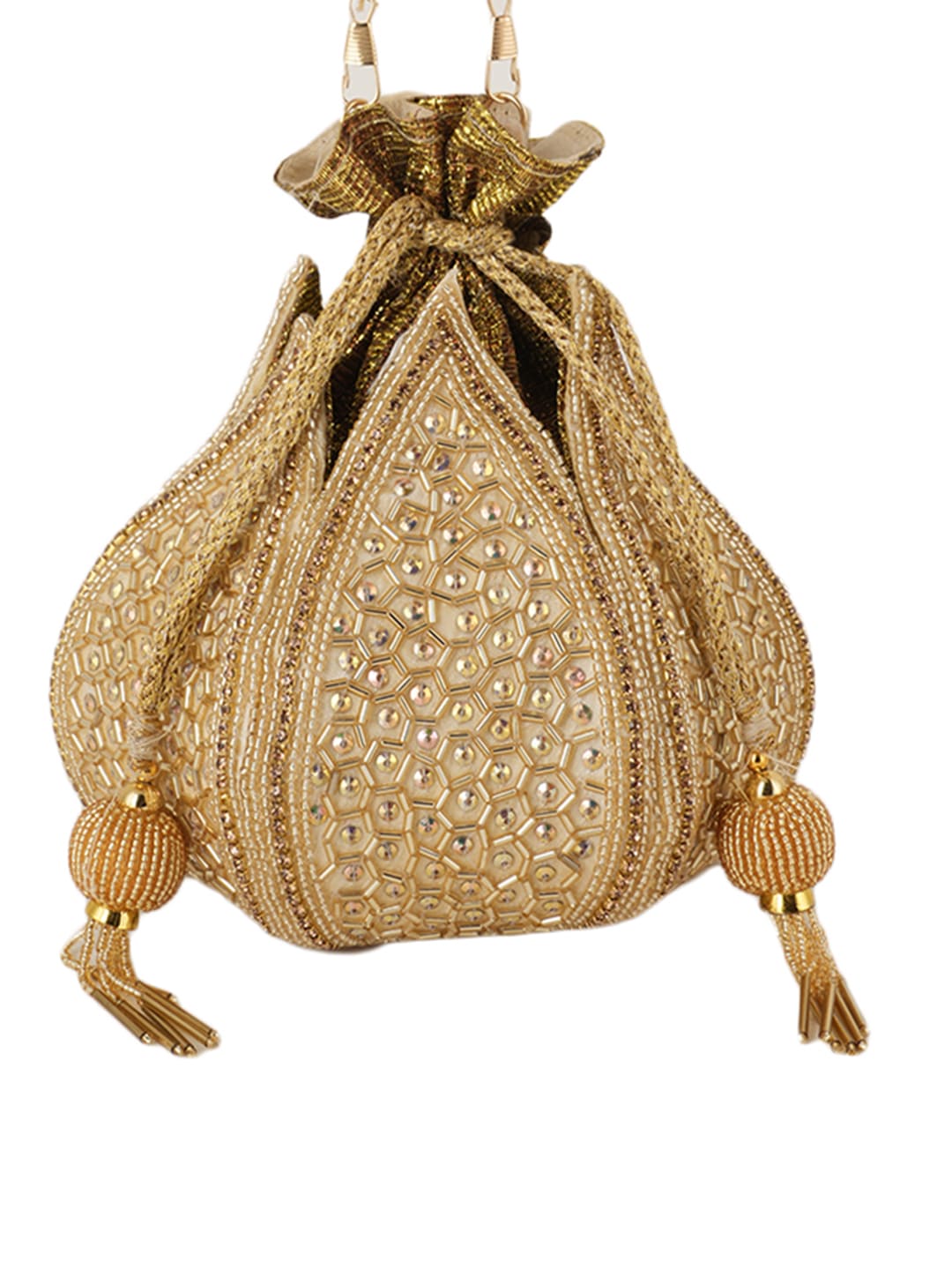Women Gold Geometric Embroidered Bridal Potli Bag with Pearl Handle