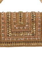 Women Champagne Gold Embellished Party Clutch Bag with Crystal & Rhinestone Work