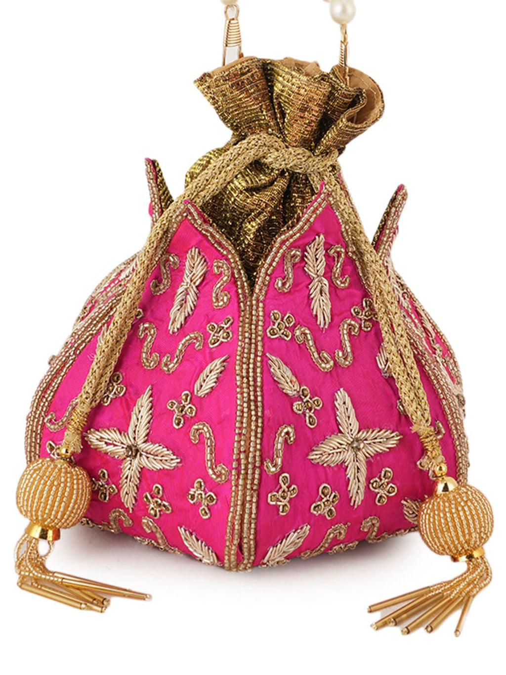 Women Pink Embroidered Bridal Potli Bag with Pearl Handle & Zari Work