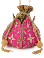 Women Pink Embroidered Bridal Potli Bag with Pearl Handle & Zari Work
