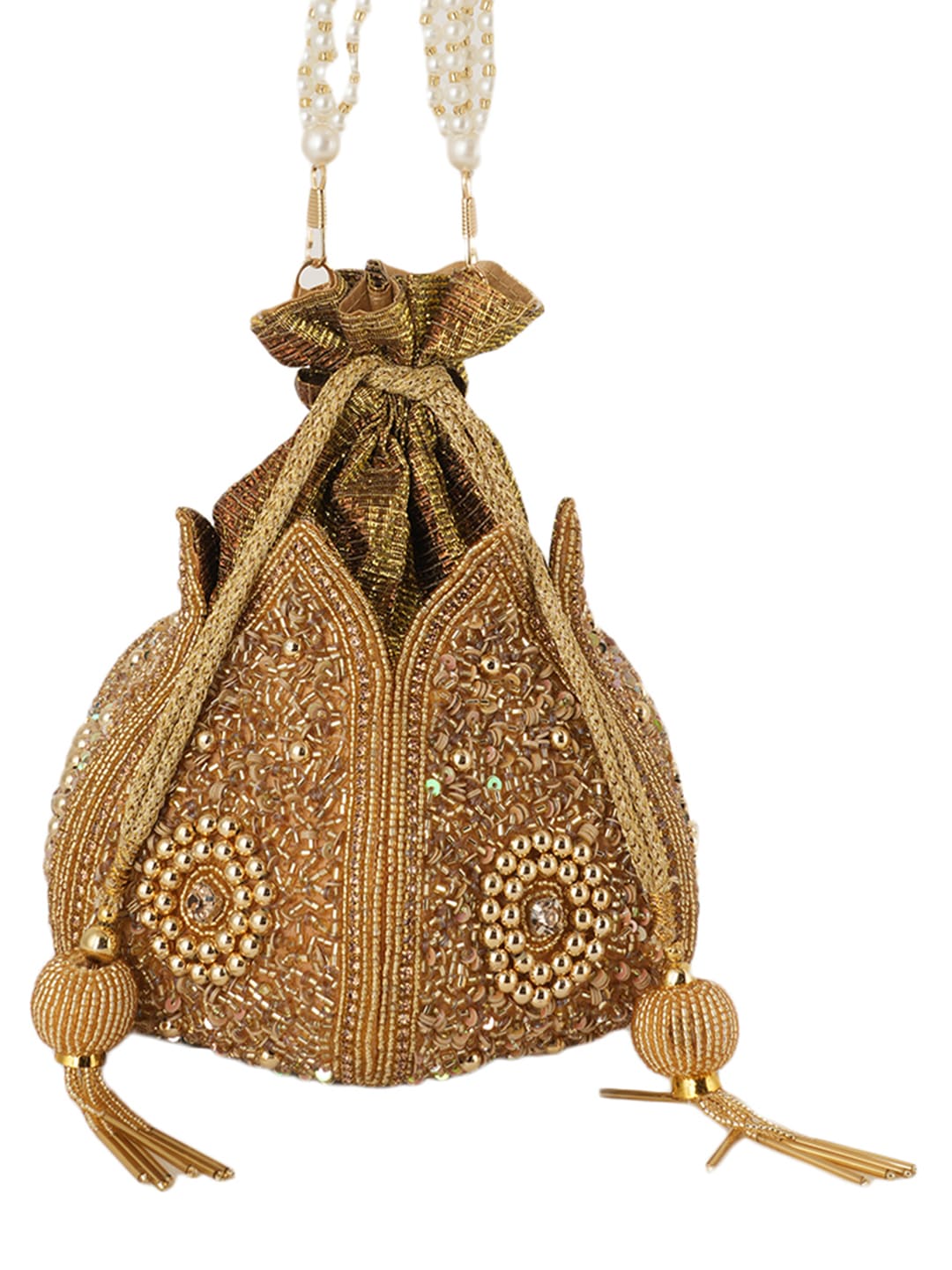 Women Gold Beaded Embroidered Bridal Potli Bag with Pearl Handle
