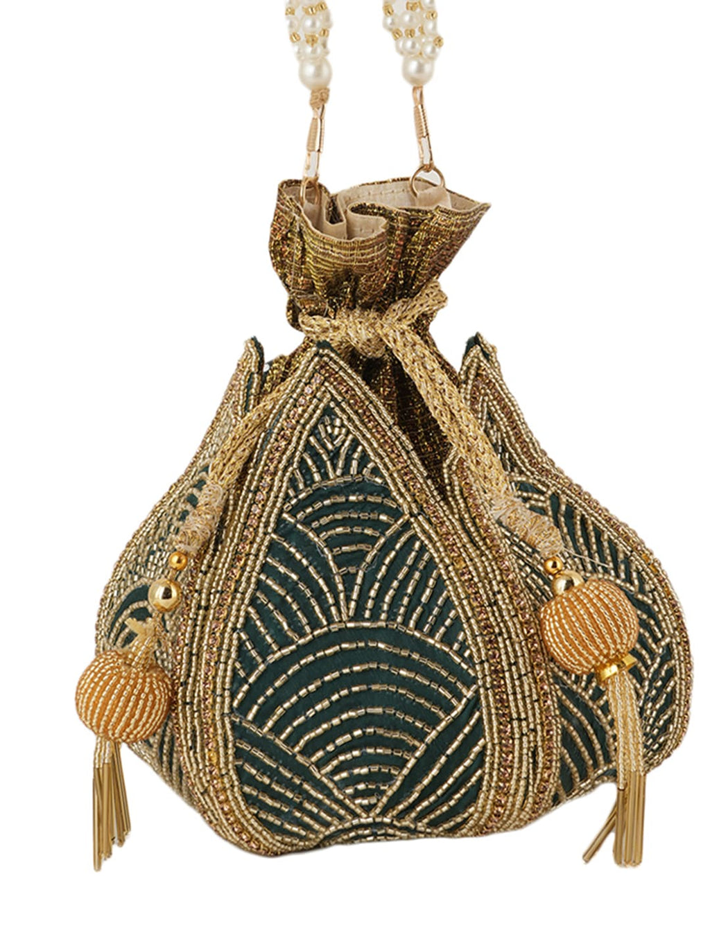 Women Green & Gold Embroidered Bridal Potli Bag with Pearl Handle