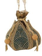 Women Green & Gold Embroidered Bridal Potli Bag with Pearl Handle
