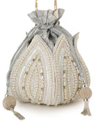 Women Silver Pearl Embroidered Bridal Potli Bag with Pearl Handle