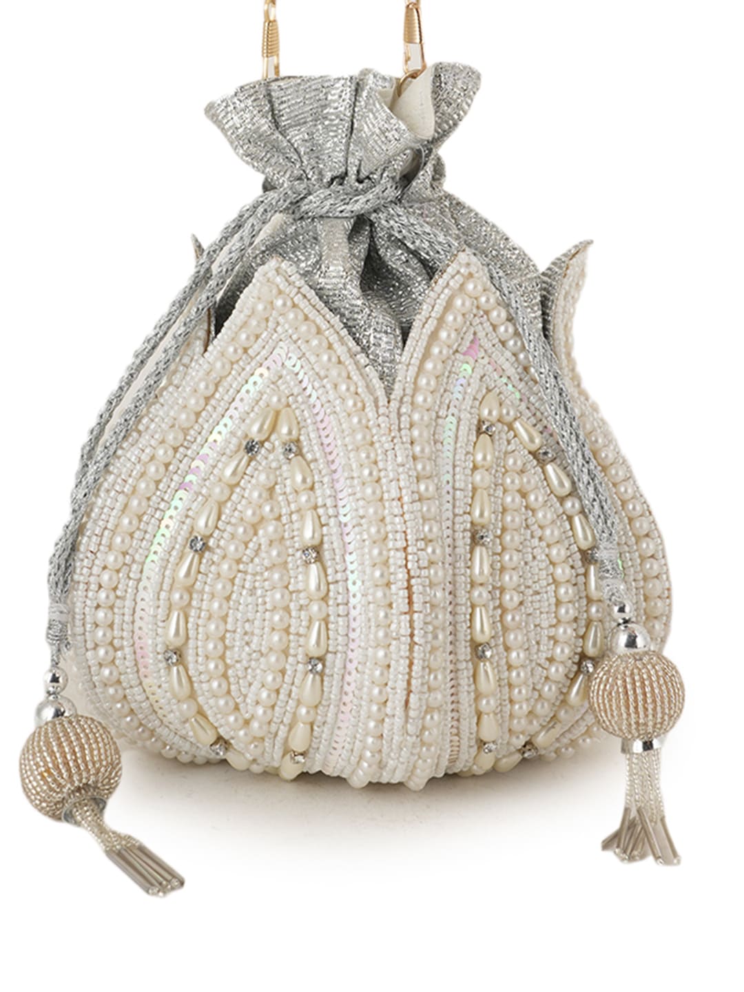 Women Silver Pearl Embroidered Bridal Potli Bag with Pearl Handle