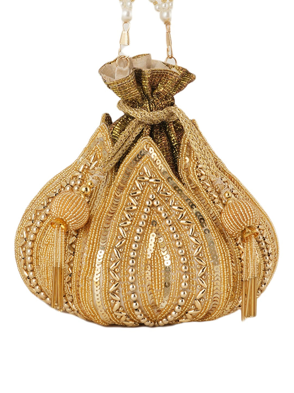 Women Gold Embroidered Bridal Potli Bag with Pearl Handle