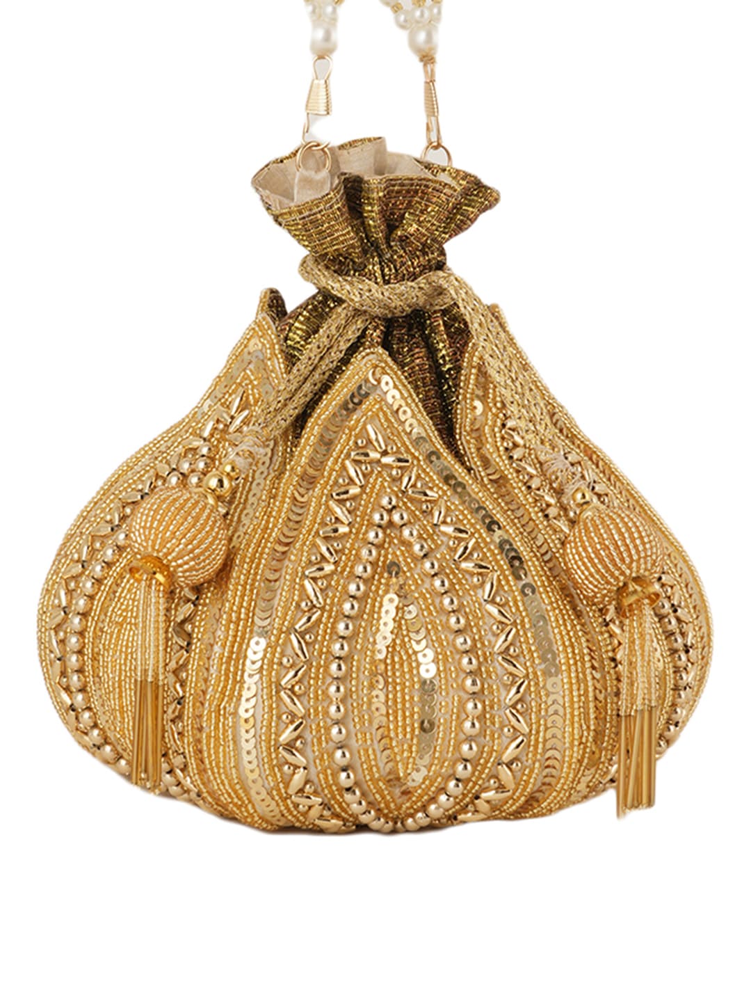 Women Gold Embroidered Bridal Potli Bag with Pearl Handle