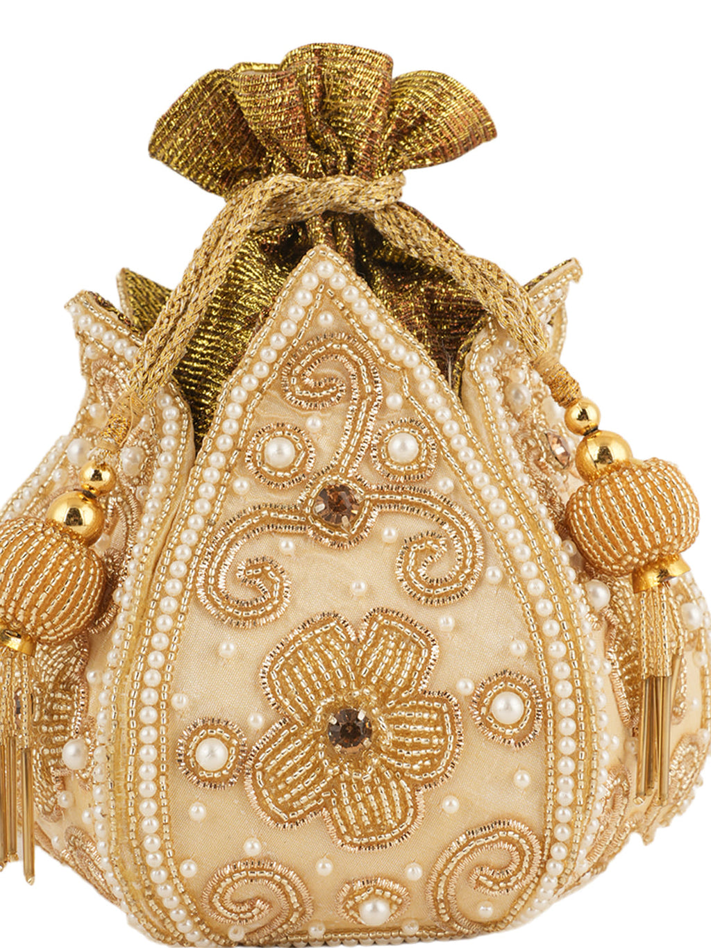 Women Cream Gold Embellished Bridal Potli Bag with Pearls, Beads & Zari Work