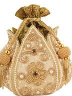 Women Cream Gold Embellished Bridal Potli Bag with Pearls, Beads & Zari Work