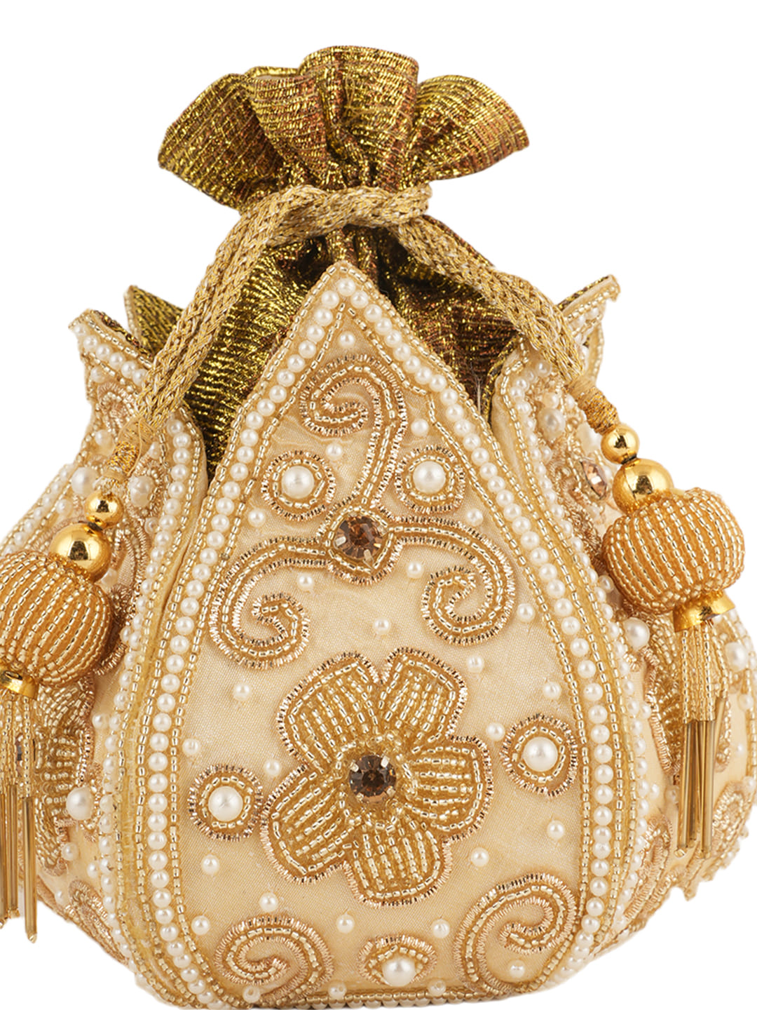 Women Cream Gold Embellished Bridal Potli Bag with Pearls, Beads & Zari Work