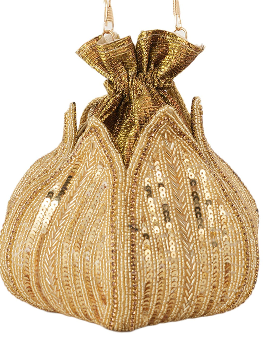 Women Gold Sequin Embroidered Bridal Potli Bag with Pearl Handle