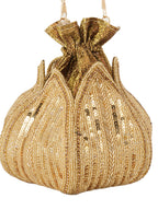 Women Gold Sequin Embroidered Bridal Potli Bag with Pearl Handle