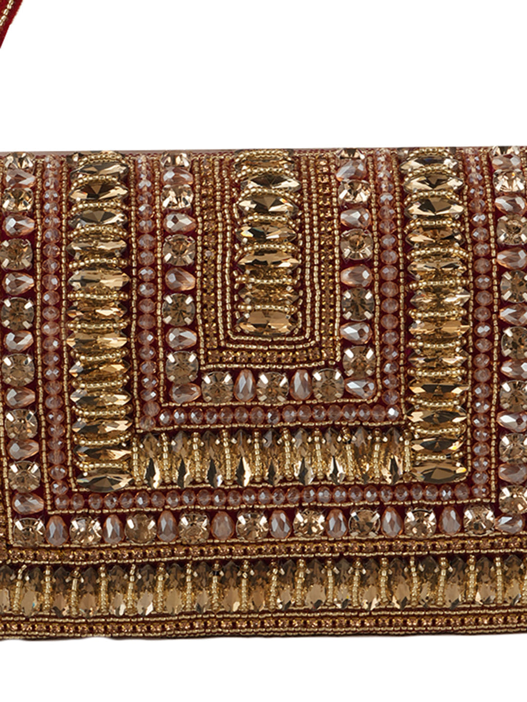 Women Red & Gold Embellished Party Clutch Bag with Crystal & Stone Work