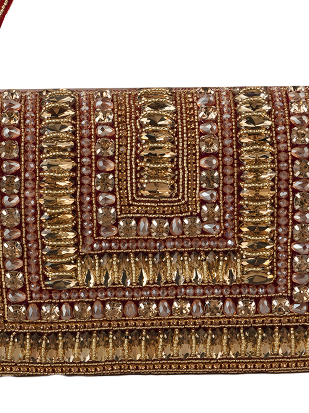 Women Red & Gold Embellished Party Clutch Bag with Crystal & Stone Work