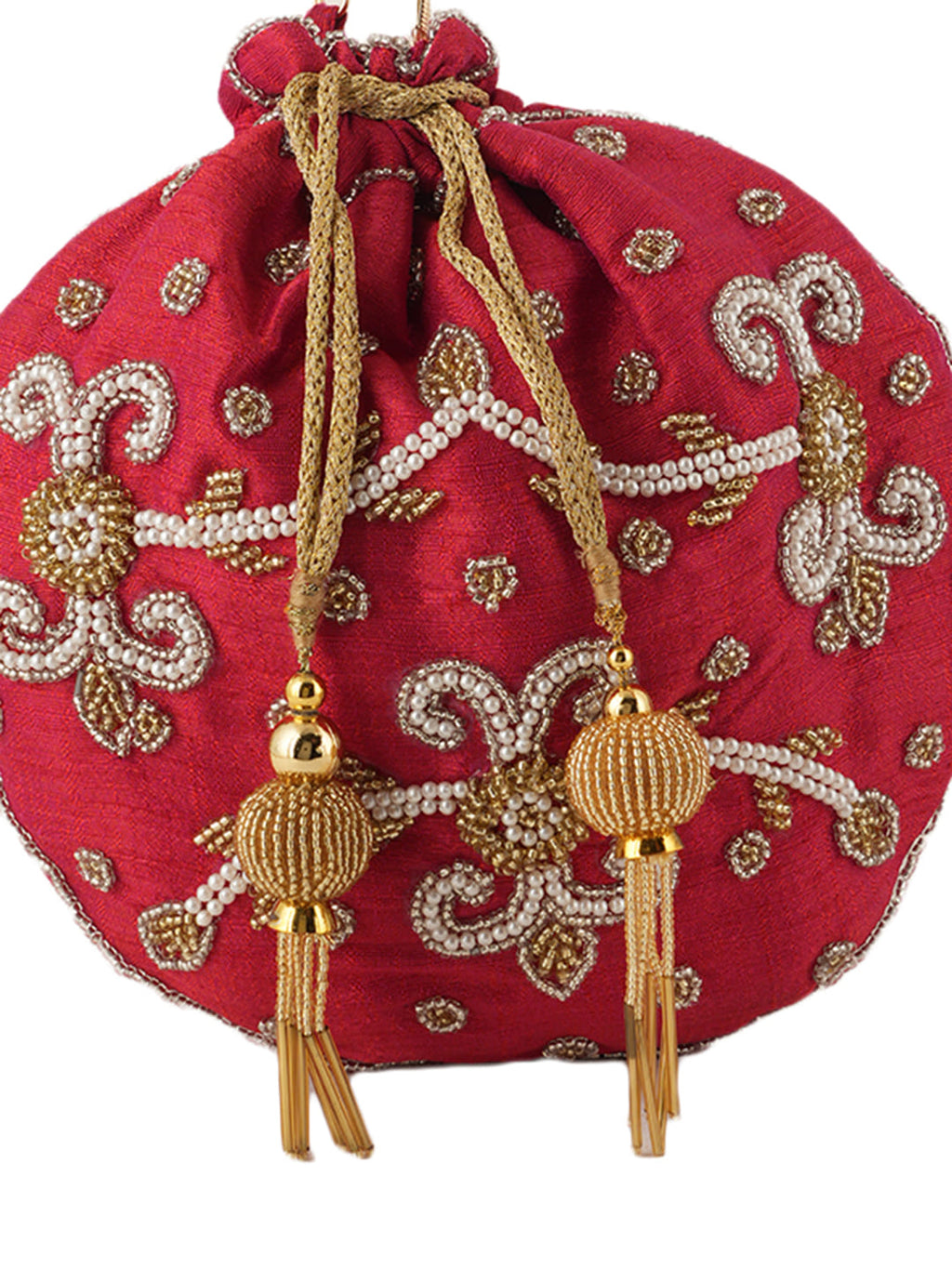 Women Red Embroidered Bridal Potli Bag with Pearl Handle & Beads Work