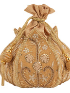 Women Beige Embroidered Bridal Potli Bag with Beads, Pearls & Zari Work