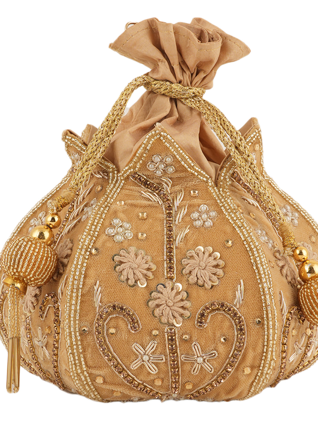 Women Beige Embroidered Bridal Potli Bag with Beads, Pearls & Zari Work