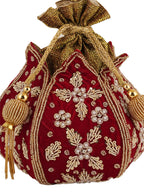 Women Red Velvet Embroidered Bridal Potli Bag with Zari & Beads Work