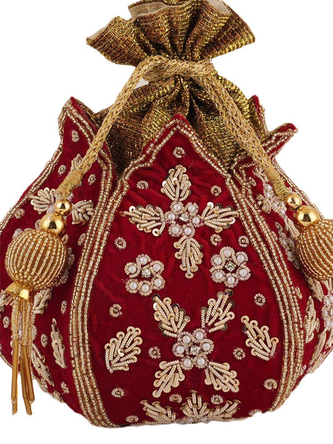 Women Red Velvet Embroidered Bridal Potli Bag with Zari & Beads Work