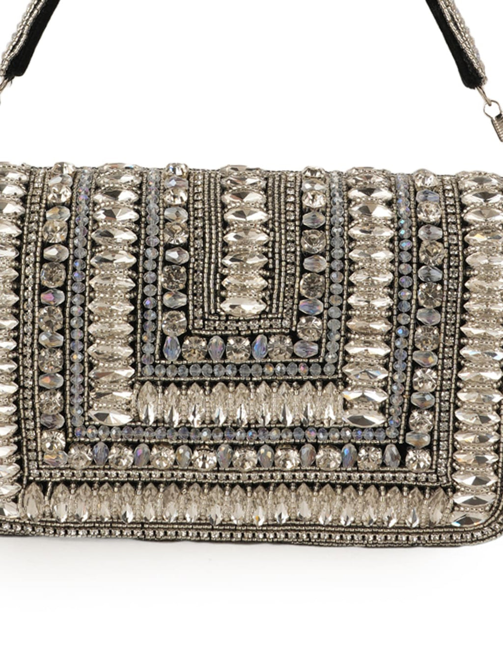 Women Silver Embellished Party Clutch Bag with Crystal & Stone Work