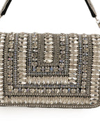 Women Silver Embellished Party Clutch Bag with Crystal & Stone Work