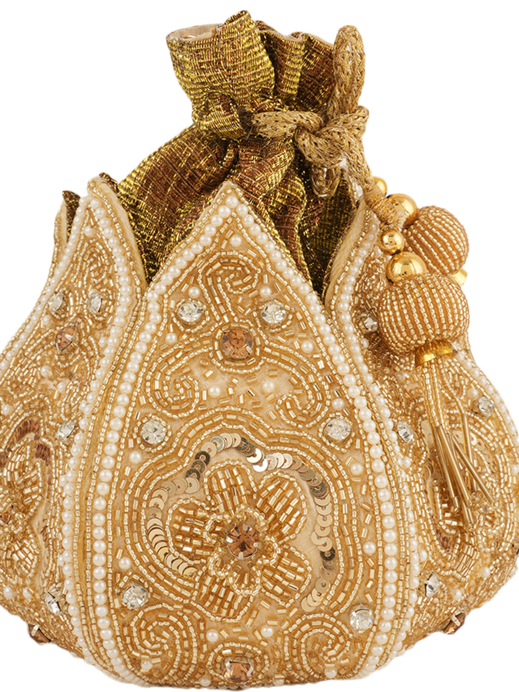Women Gold Embellished Bridal Potli Bag with Beads, Pearls & Sequin Work