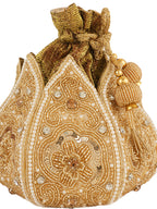 Women Gold Embellished Bridal Potli Bag with Beads, Pearls & Sequin Work