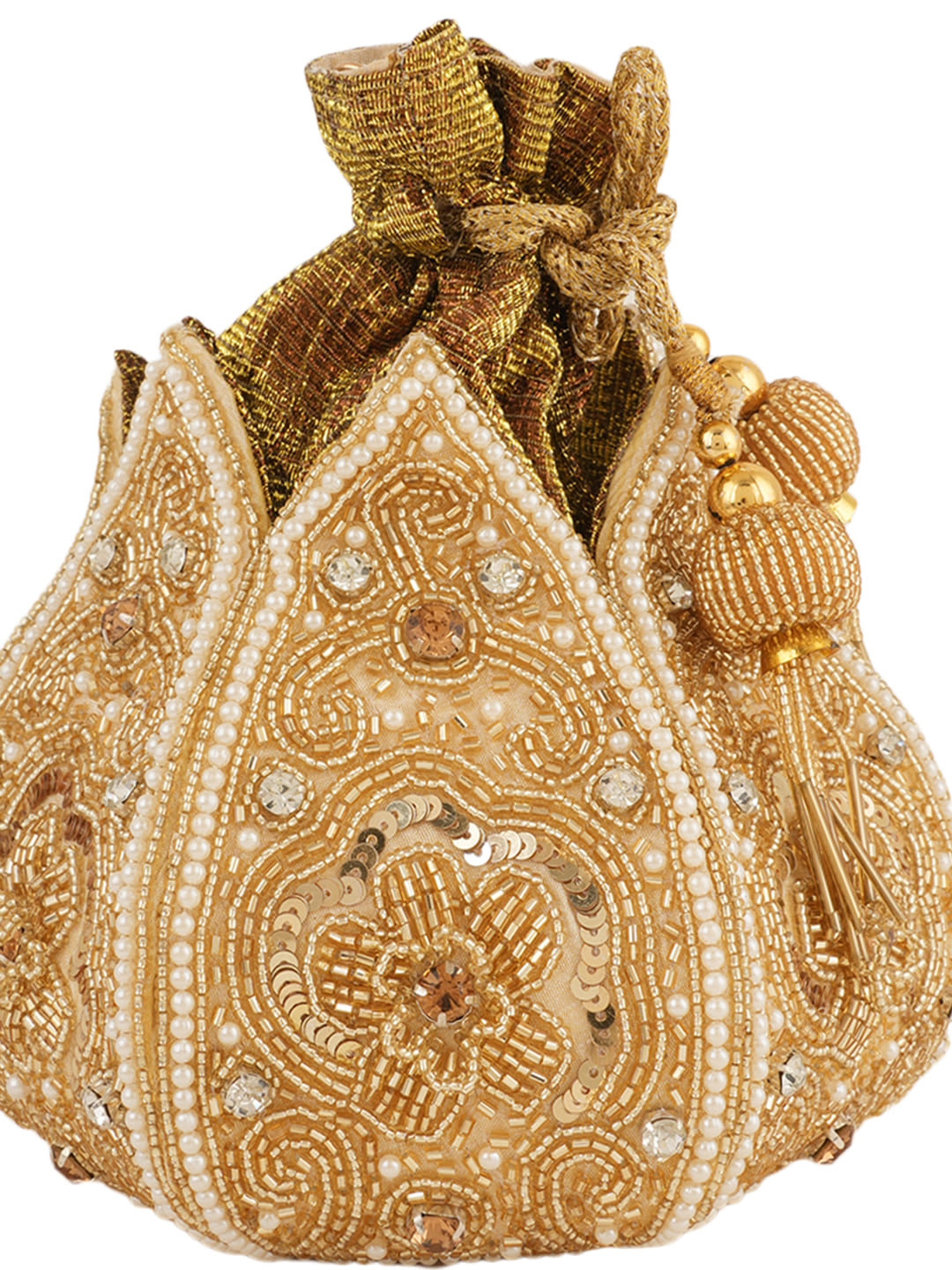 Women Gold Embellished Bridal Potli Bag with Beads, Pearls & Sequin Work