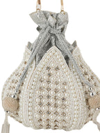 Women Pearl White Embroidered Bridal Potli Bag with Pearl Handle