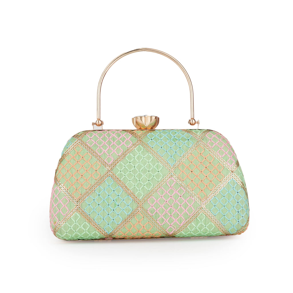 Mint Green Embroidered Bridal Box Clutch with Gold Clasp for Women