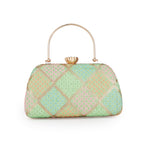 Mint Green Embroidered Bridal Box Clutch with Gold Clasp for Women